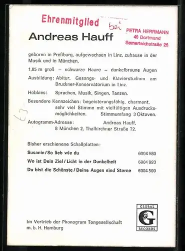 AK Musiker Andreas Hauff im Porträt mit Autograph