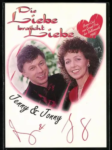 AK Musiker Jenny & Jonny in herzförmigem Rahmen, Autograph