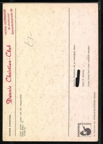 AK Musiker Dennie Christian lächelnd im Porträt, Autograph