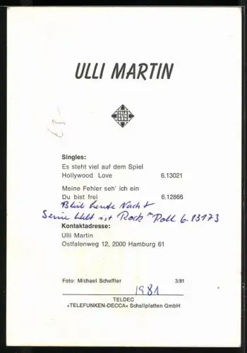 AK Musiker Ulli Martin mit Krawatte, Autograph