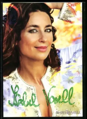 AK Musikerin Isabel Varell vor buntem Hintergrund, Autograph