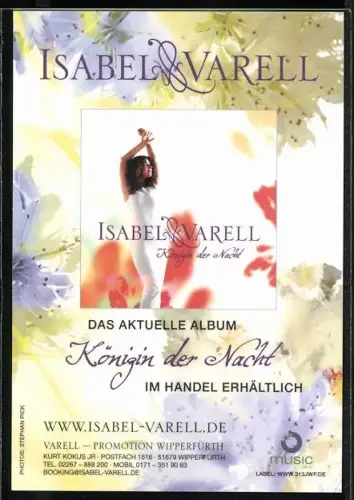 AK Musikerin Isabel Varell vor buntem Hintergrund, Autograph