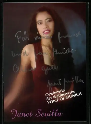 AK Musikerin Janet Sevilla in rotem Kleid, Autograph