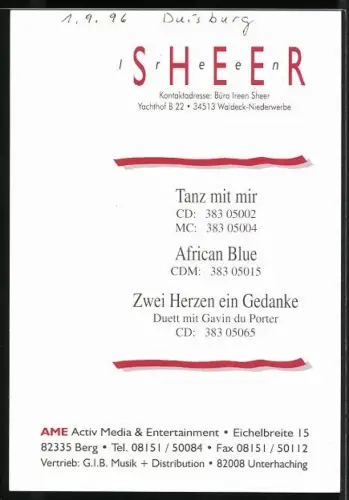 AK Musikerin Ireen Sheer mit blauen Ohrringen, Autograph