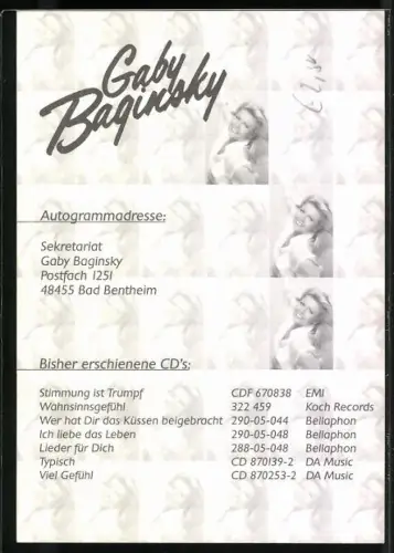 AK Musikerin Gaby Baginsky im Porträt, Autograph