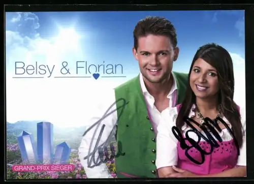 AK Musiker Belsy & Florian lächelnd im Porträt, Autograph