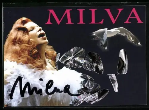 AK Musikerin Milva mit Möwe, Autograph