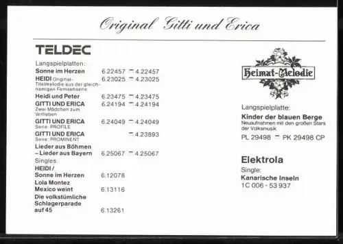 AK Musikerinenn Gitti und Erica im Porträt, Autograph