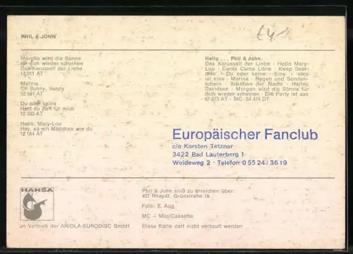 AK Musiker Phil & John mit Locken und Pullunder, Autograph