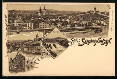 Lithographie Schaffhausen, Rheinfall, Oberstadt