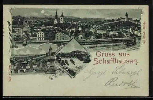 Mondschein-Lithographie Schaffhausen, Ortspanorama am Rhein, Brücke