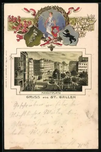 Lithographie St. Gallen, Strassenbahnen am Marktplatz, Wappen