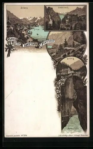 Lithographie Brienz /Berner Oberland, Aarschlucht, Brünig, Giessbach, Zug auf der Fahrt