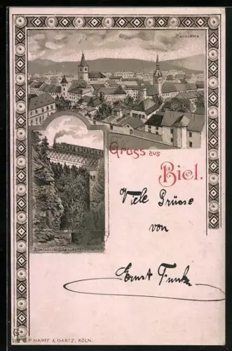 Lithographie Biel, Eisenbahnbrücke Taubenlochschlucht, Ortspanorama