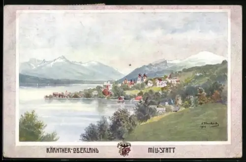 Künstler-AK Eduard Manhart: Millstatt, Gesamtansicht des Ortes