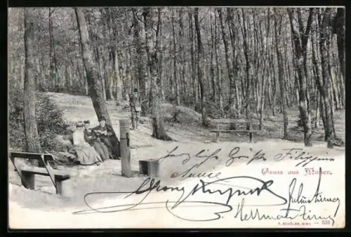 AK Wien, Gruss aus Mauer, Ausflügler im Wald