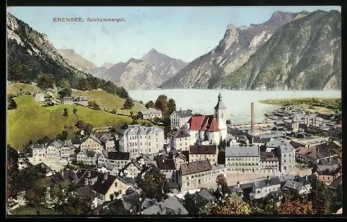 AK Ebensee, Ortsansicht mit Bergpanorama