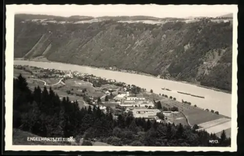 AK Engelhartszell /O. Ö., Ortsansicht aus der Vogelschau mit Blick auf die Donau