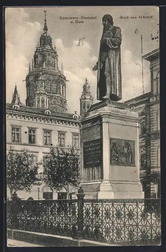 AK Mainz, Gutenberg-Denkmal, Dom