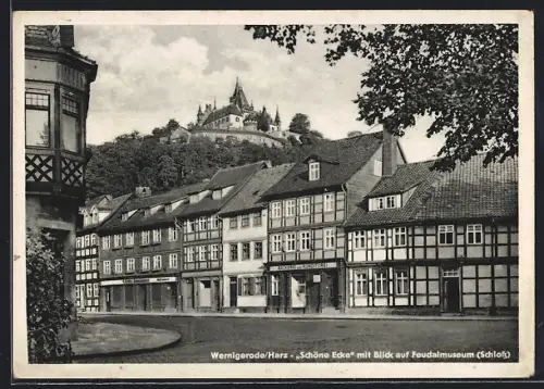 AK Wernigerode /Harz, Schöne Ecke, Blick auf Feudalmuseum, Schloss
