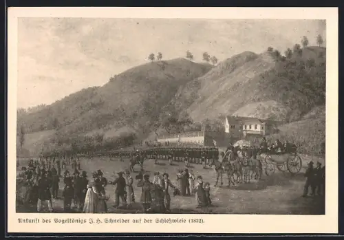 AK Meissen / Elbe, Ankunft des Vogelkönigs J. S. Schneider auf der Schiesswiese 1832