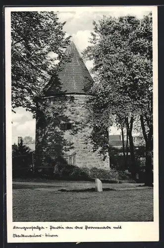 AK Langensalza, Partie an der Promenade mit Stadtmauer-Turm