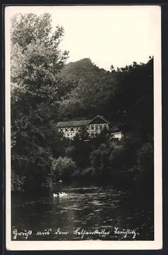 AK Crossen /Elster, Gasthaus Felsenkeller an der Elster