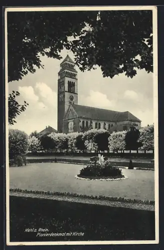 AK Kehl a. Rhein, Pionierdenkmal mit Kirche