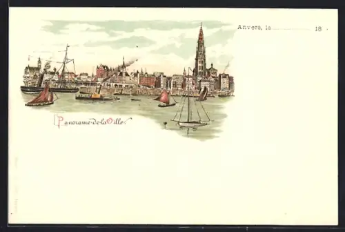 Lithographie Anvers, Panorama de la Ville
