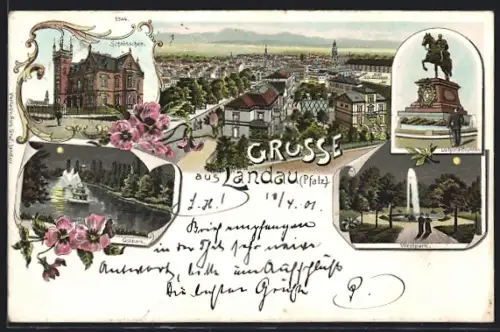 Lithographie Landau / Pfalz, Schlösschen, Ostpark & Westpark, Luitpoldbrunnen