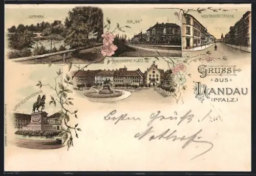 Lithographie Landau /Pfalz, Ostpark, Westbahnstrasse, Luitpoldbrunnen