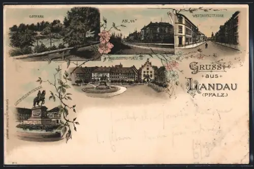 Lithographie Landau /Pfalz, Ostpark, Westbahnstrasse, Luitpoldbrunnen