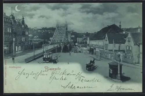 Mondschein-AK Dresden-Blasewitz, Schillerplatz mit Brücke und Strassenbahn