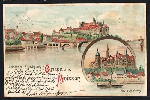 Lithographie Meissen, Panorama mit Albrechtsburg