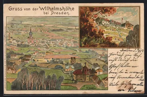 Künstler-Lithographie Dresden-Pappnitz, Gasthaus Wilhelmshöhe, Ortsansicht