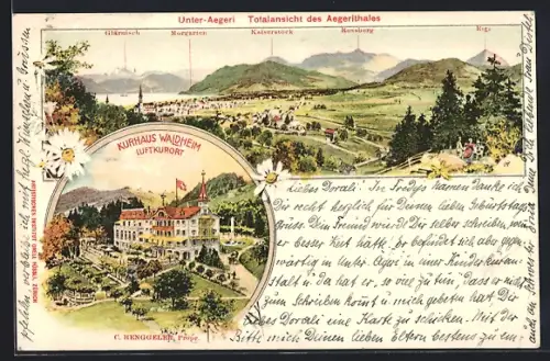 AK Unter-Aegeri, Kurhaus Waldheim mit Umgebung, Bes. C. Henggeler, Totalansicht des Aegerithales