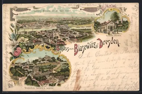 Lithographie Dresden-Blasewitz, Restaurant Potz Blitz, Drahtseilbahn, Gesamtansicht