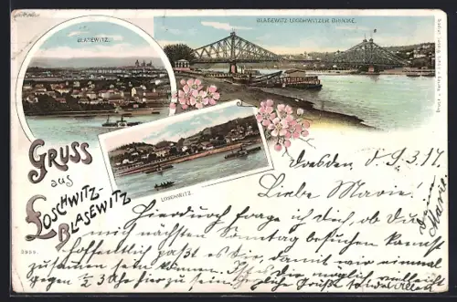 Lithographie Dresden-Blasewitz, Elbpartie mit Loschwitzer brücke, Totalansicht