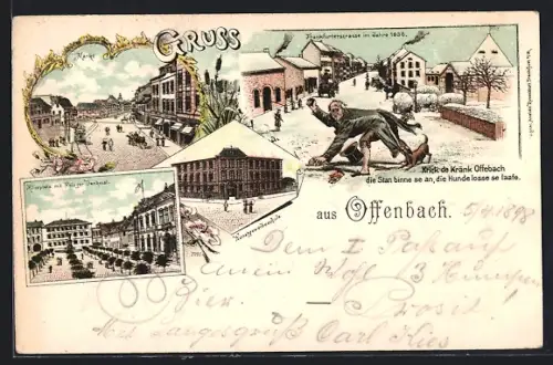 Lithographie Offenbach / Main, Markt, Aliceplatz mit Krieger-Denkmal, Kunstgewerbeschule