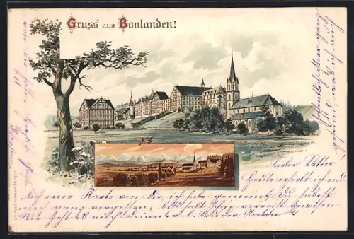 Lithographie Bonlanden / Filderstadt, Panorama des Ortes mit Kirche