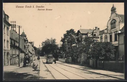 AK Dresden-Weisser Hirsch, Bautznerstrasse mit Haus Saxonia und Geschäften, Strassenbahn