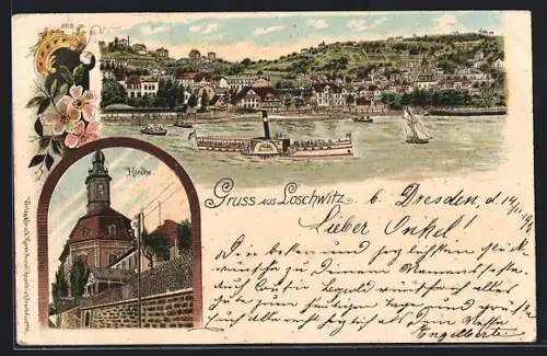 Lithographie Dresden-Loschwitz, Panorama mit Dampfer, Kirche, Blumendekor