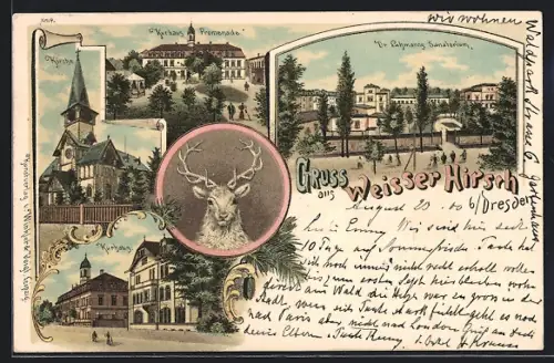 Lithographie Dresden-Weisser Hirsch, Kurhaus Promenade, Kirche, Kurhaus, Dr. Lahmann's Sanatorium