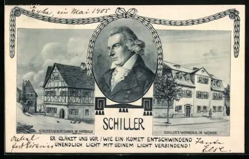 AK Weimar / Thür., Schillers Geburtshaus in Marbach, Schillers Wohnhaus zu Weimar