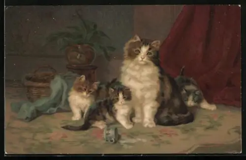 Lithographie Katze mit ihren Jungen