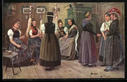 Künstler-AK H. Hoffmann: Schwarzwald, Frauen in der Spinnstube
