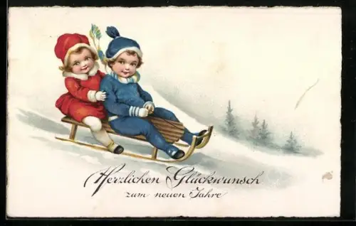 AK Zwei Kinder auf Schlitten wünschen alles Gute zum neuen Jahr