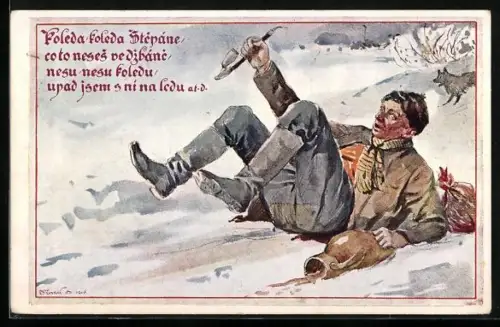 AK Betrunkener Wanderer mit Pfeife rutscht auf dem Schnee aus