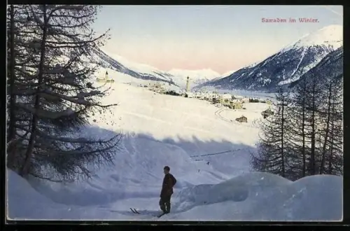 AK Samaden, Skifahrer blickt auf den Ort