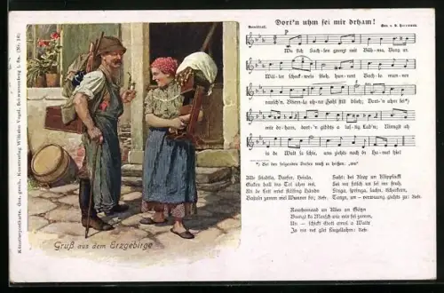 AK Lied Dort`n uhm sei mir drham!, Paar aus dem Erzgebirge